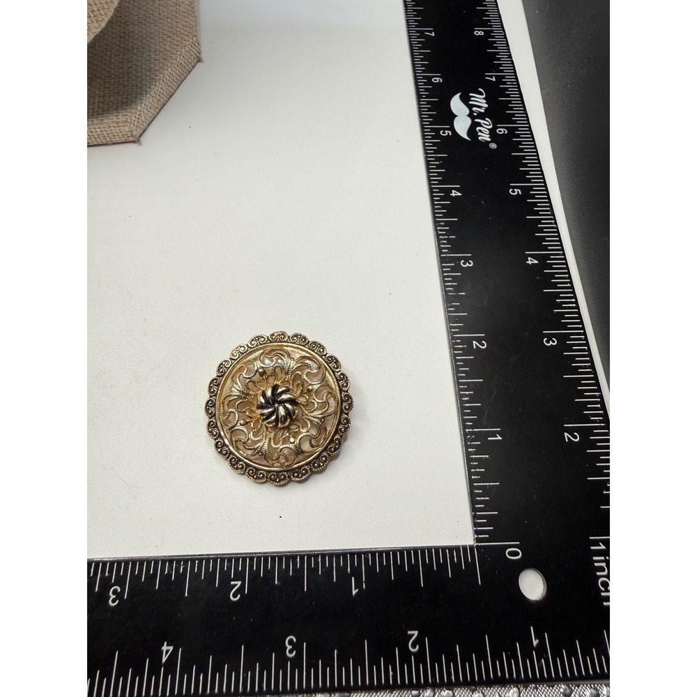 Vintage W. Germany Gold Tone Scarf Clip Filigree Openwork Floral Round Accessory - Picture 2 of 5